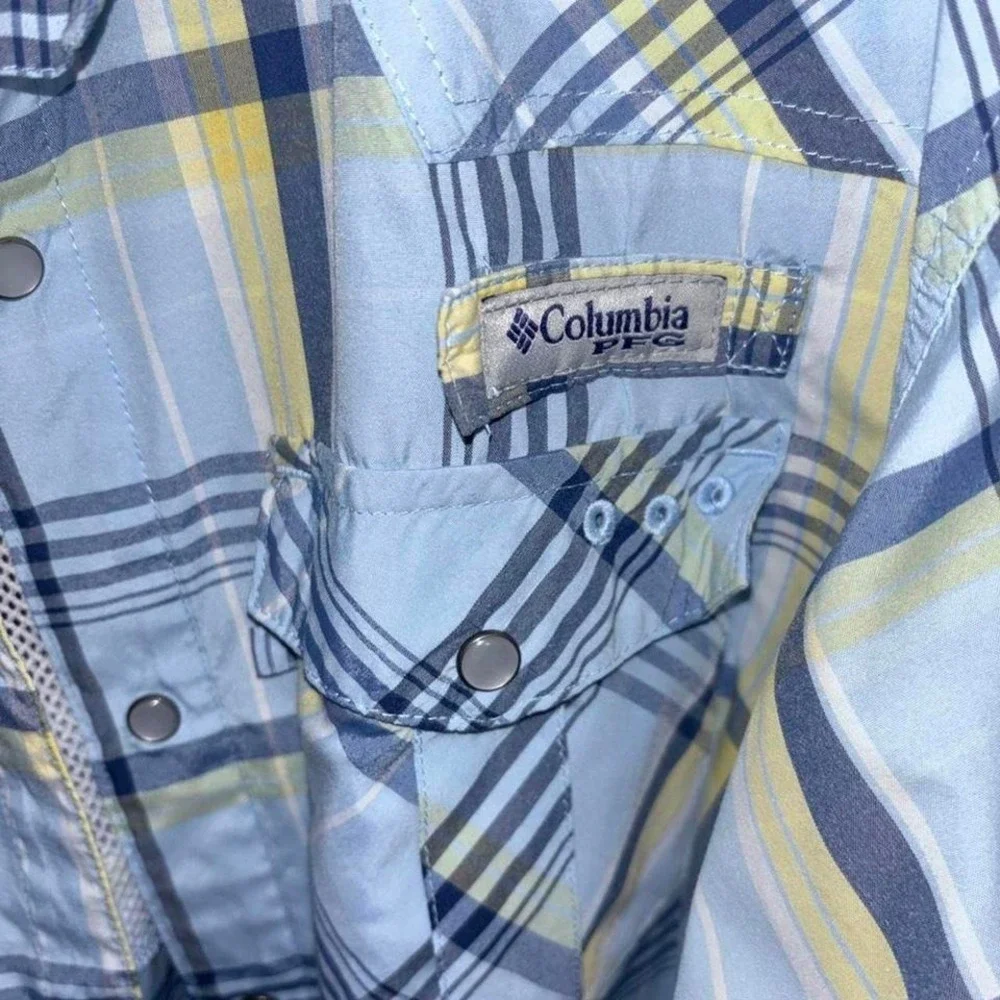 Columbia PFG Mens Large Plaid Long Sleeve Fishing Shirt Blue Yellow Button Down - Picture 5 of 6